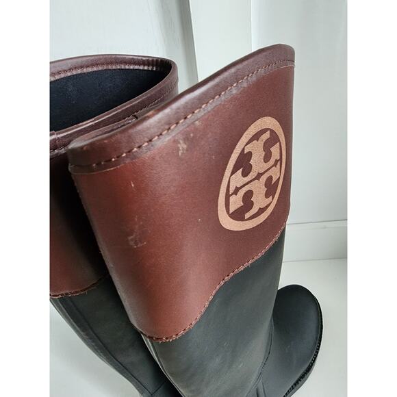 Tory Burch Diana Tall Rubber Rain Boots Womens Size 6 Logo Black Brown Logo - Picture 7 of 11